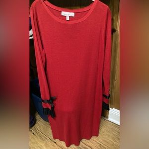 Red sweater dress with black trim